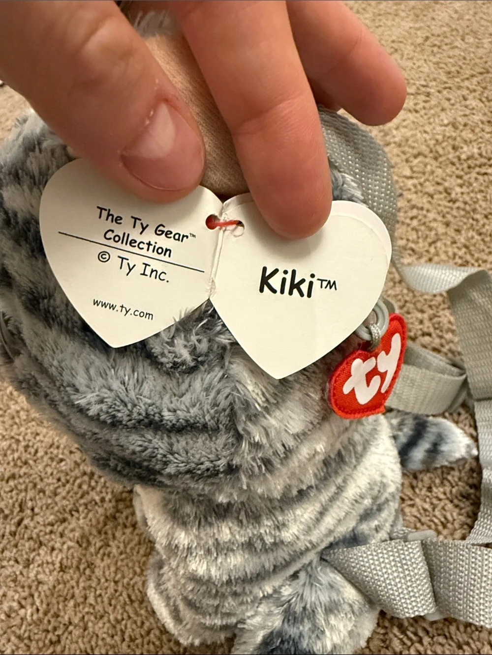 Ty Plush Gray Striped Cat Backpack with Pink Accents
